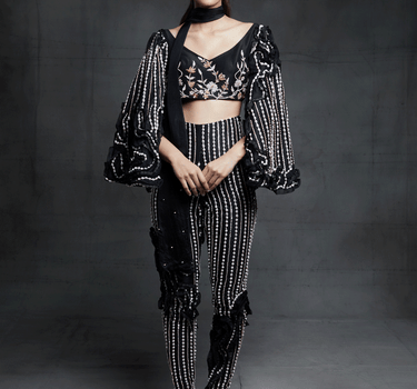 Black Embroidered Ruffle Pant Sets With Loose Sleeves And A Stole