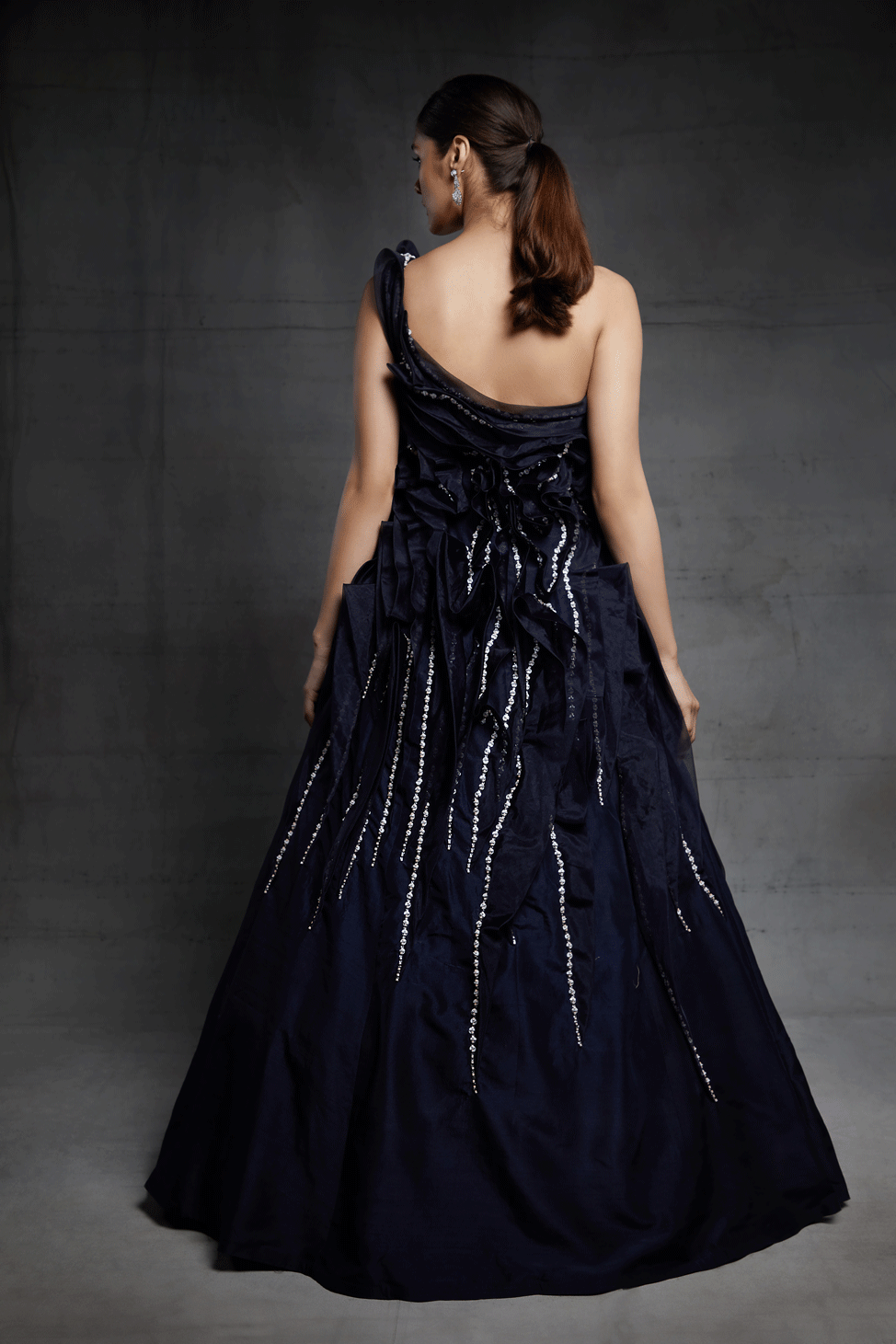 Midnight Blue Embroidered One Shoulder Ruffle Gown