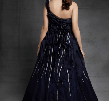 Midnight Blue Embroidered One Shoulder Ruffle Gown