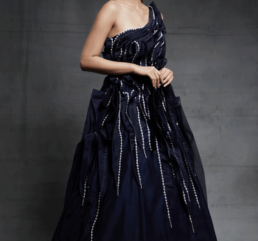 Midnight Blue Embroidered One Shoulder Ruffle Gown