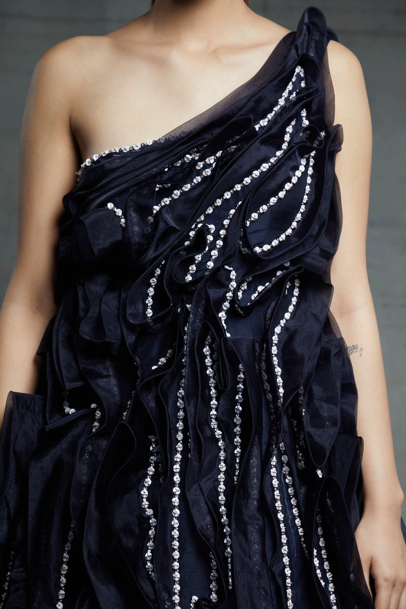 Midnight Blue Embroidered One Shoulder Ruffle Gown
