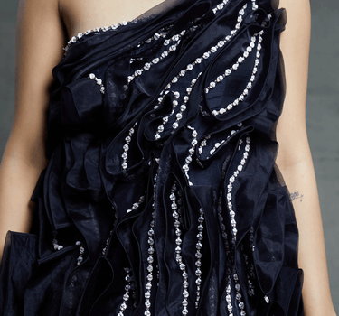 Midnight Blue Embroidered One Shoulder Ruffle Gown