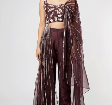 Wine Embroidered Pant Set