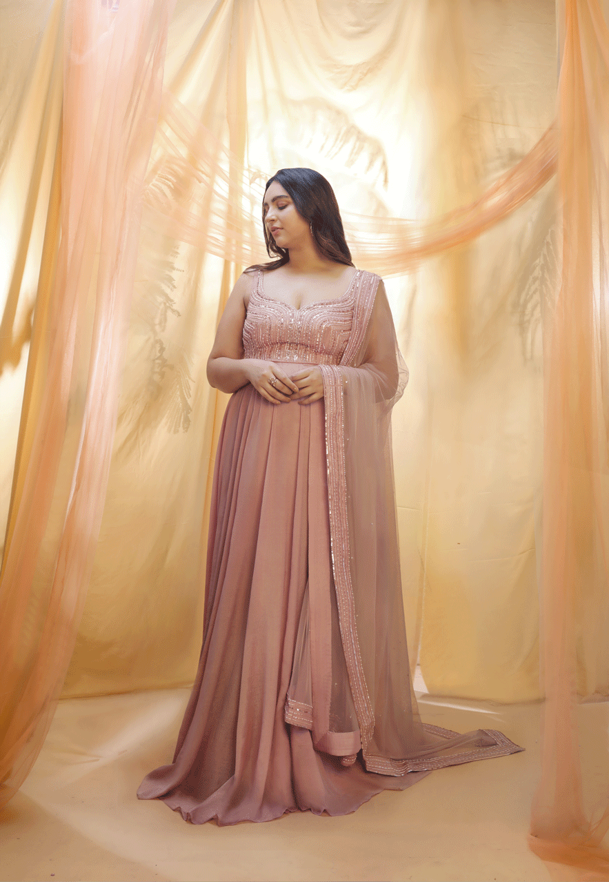 Rose Gold Embroidered Anarkali With Dupatta