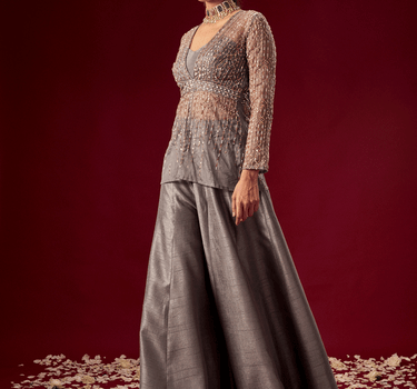 Grey Palazo With Organza Embellished Top