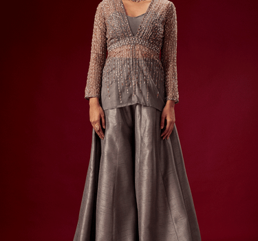 Grey Palazo With Organza Embellished Top