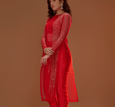 Red Organza Kurta With Pants