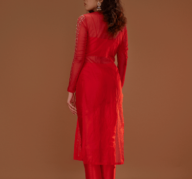 Red Organza Kurta With Pants