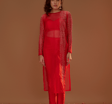 Red Organza Kurta With Pants