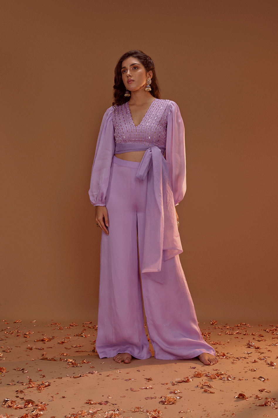 Lilac Crop Top With Palazo And Organza Tie Up