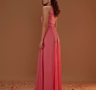 Salmon Pink Satin Organza Jumpsuit With Overlay