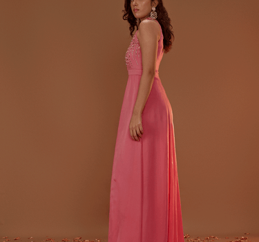 Salmon Pink Satin Organza Jumpsuit With Overlay