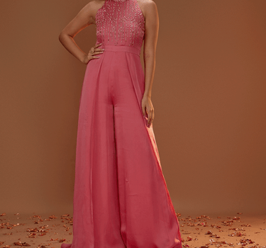 Salmon Pink Satin Organza Jumpsuit With Overlay