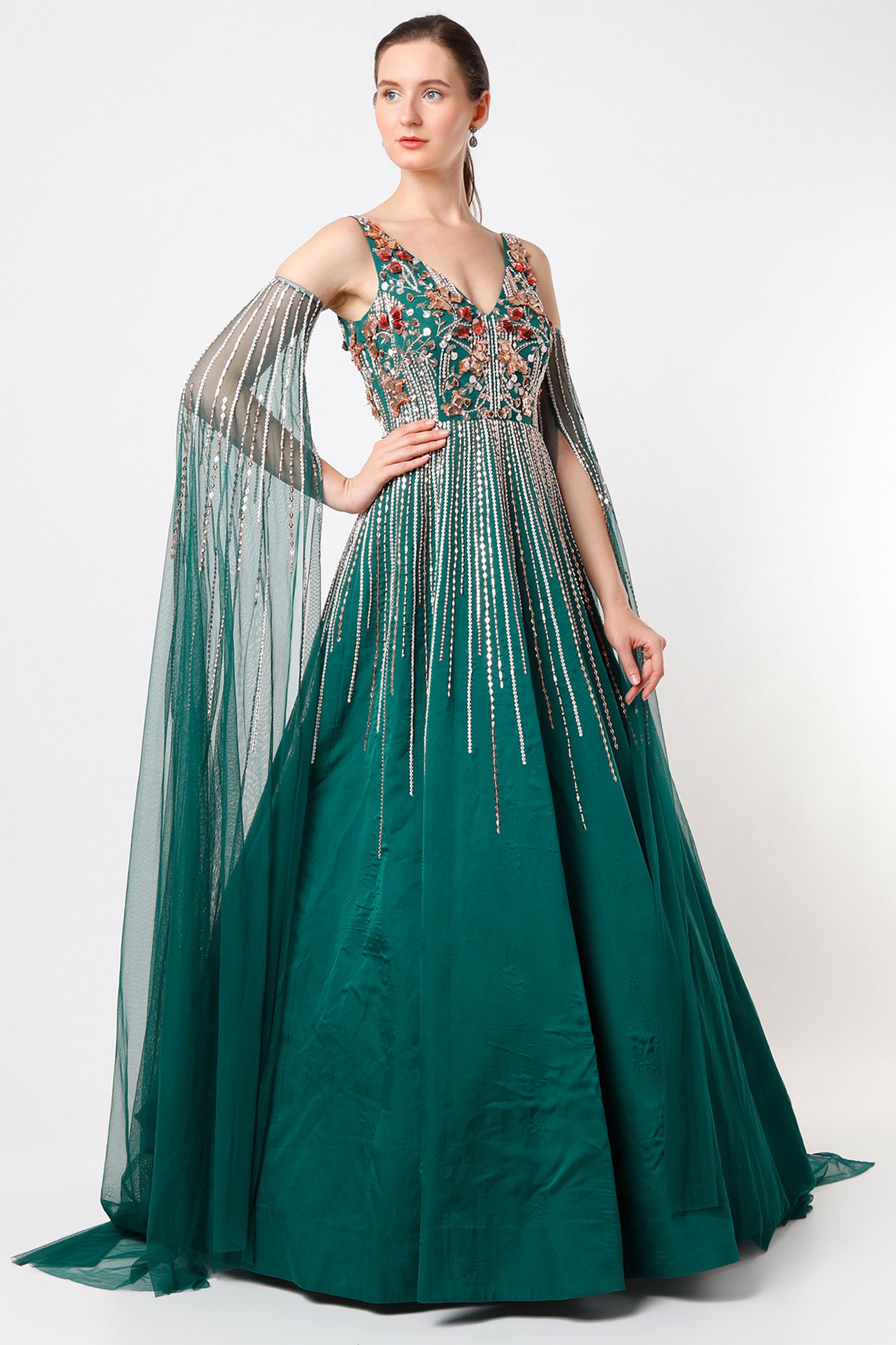 Teal Green Embroidered Gown