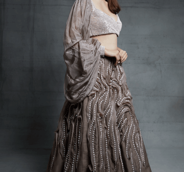 Chikoo Ruffle Embroidered Lehenga With One Side Puff Sleeve