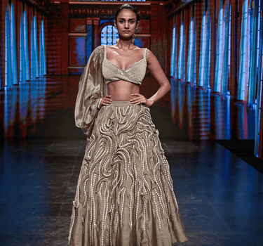 Chikoo Ruffle Embroidered Lehenga With One Side Puff Sleeve