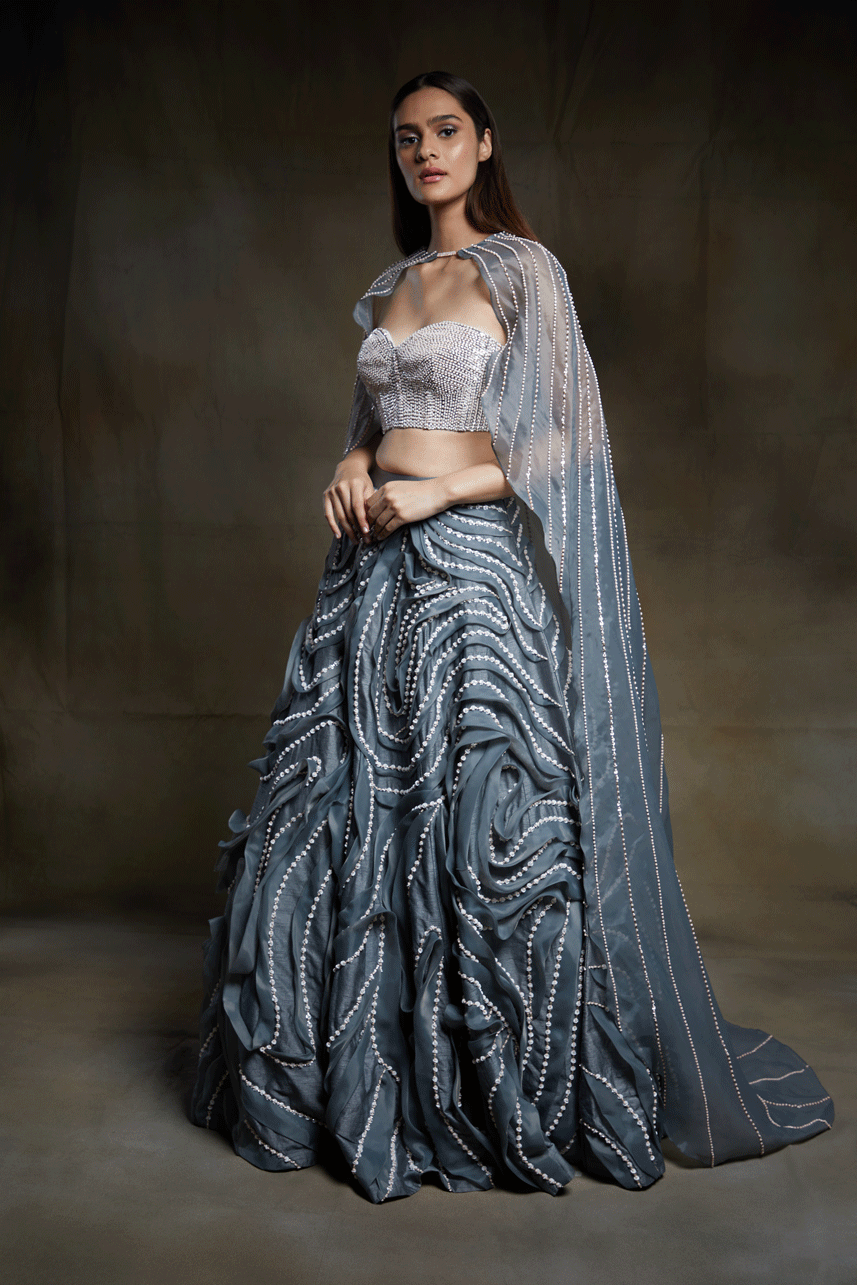 Grey Ruffle Embroidered Lehenga With Corset And Cape