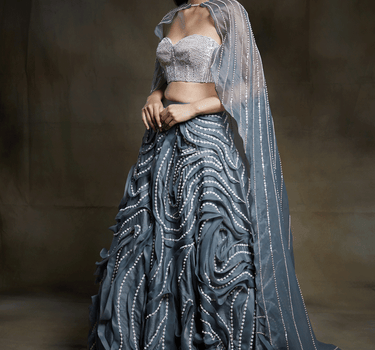 Grey Ruffle Embroidered Lehenga With Corset And Cape