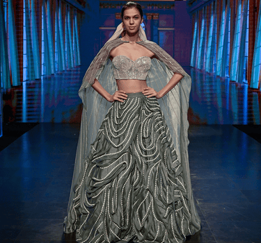 Grey Ruffle Embroidered Lehenga With Corset And Cape