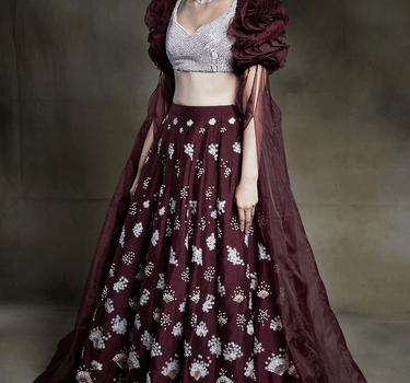 Wine Embroidered Lehenga With Ruffle Sleeve Blouse And Floor Length Drape