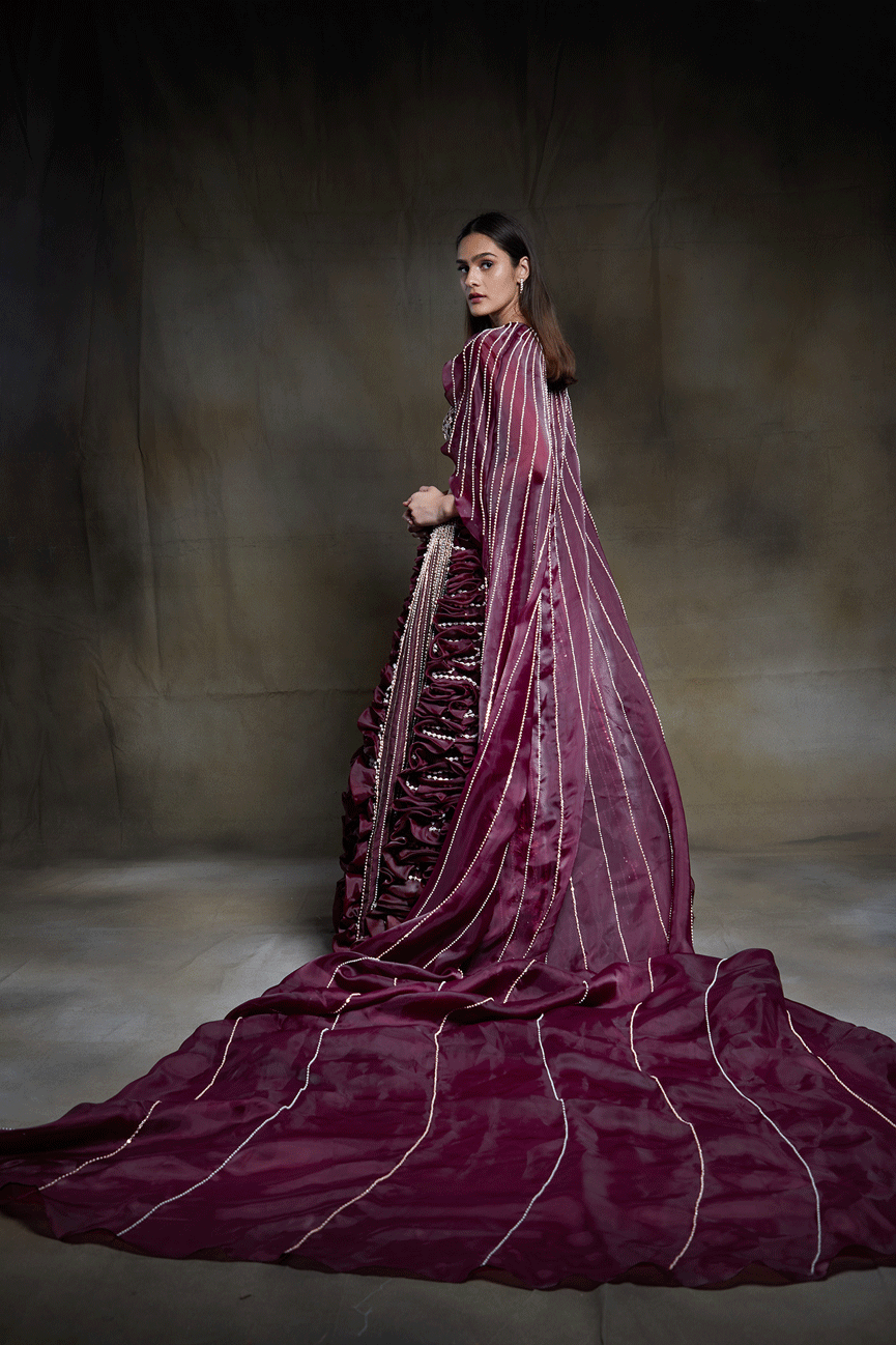 Wine Embroidered Bridal Lehenga With Embroidered Blouse And Cape