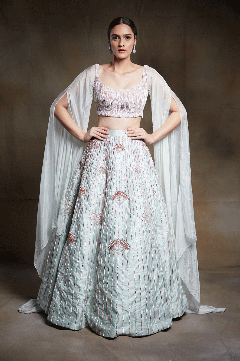 Mint Green Bridal Lehenga With Embroidered  Blouse With Two Side Floor Length Drape