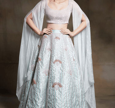 Mint Green Bridal Lehenga With Embroidered  Blouse With Two Side Floor Length Drape