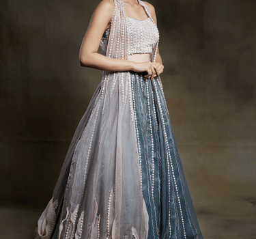 Grey Embroidered Ruffle Lehenga Set With Embroidered Ruffle Jacket