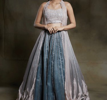 Grey Embroidered Ruffle Lehenga Set With Embroidered Ruffle Jacket