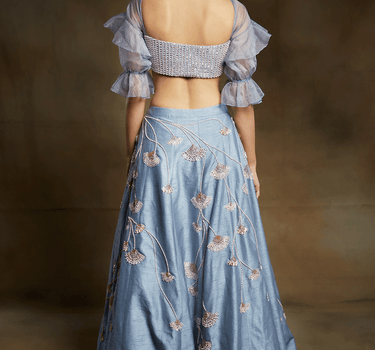 Ice Blue Embroidered Lehenga With Embroidered Blouse With Sleeves