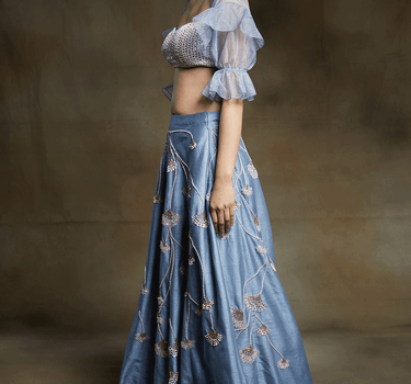 Ice Blue Embroidered Lehenga With Embroidered Blouse With Sleeves