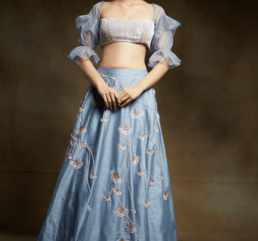 Ice Blue Embroidered Lehenga With Embroidered Blouse With Sleeves