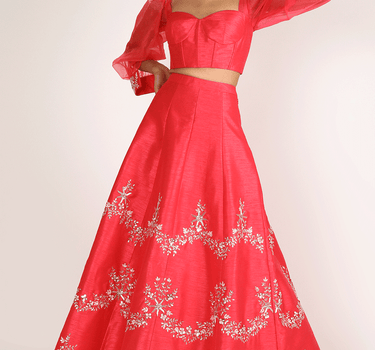 Red Embroidered Dupion Lehenga Set