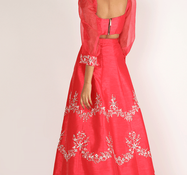 Red Embroidered Dupion Lehenga Set