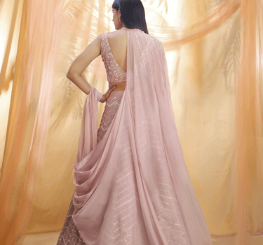 Lilac Embroidered Lehenga Set With Drape