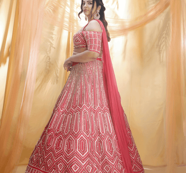 Hot Pink Draped Lehenga Set With Drape