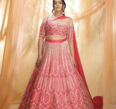 Hot Pink Draped Lehenga Set With Drape