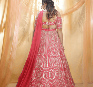 Hot Pink Draped Lehenga Set With Drape