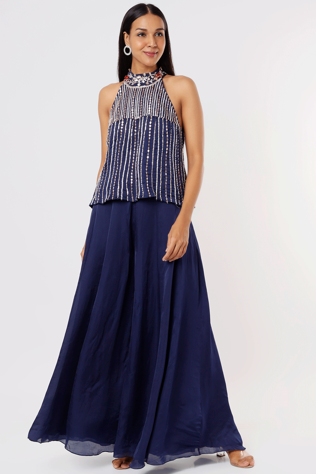 Navy Blue Halter Neck Top With Pant