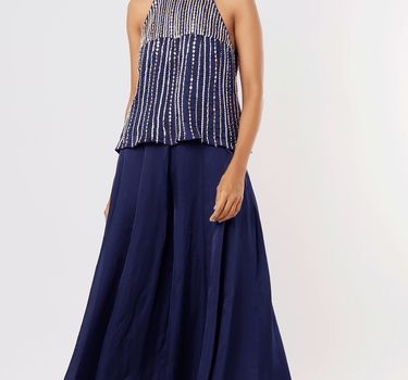 Navy Blue Halter Neck Top With Pant