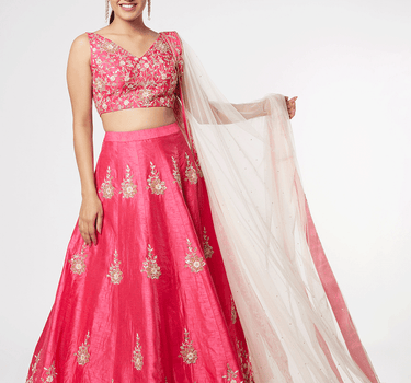 Hot Pink Embroidered Lehenga With Dupatta