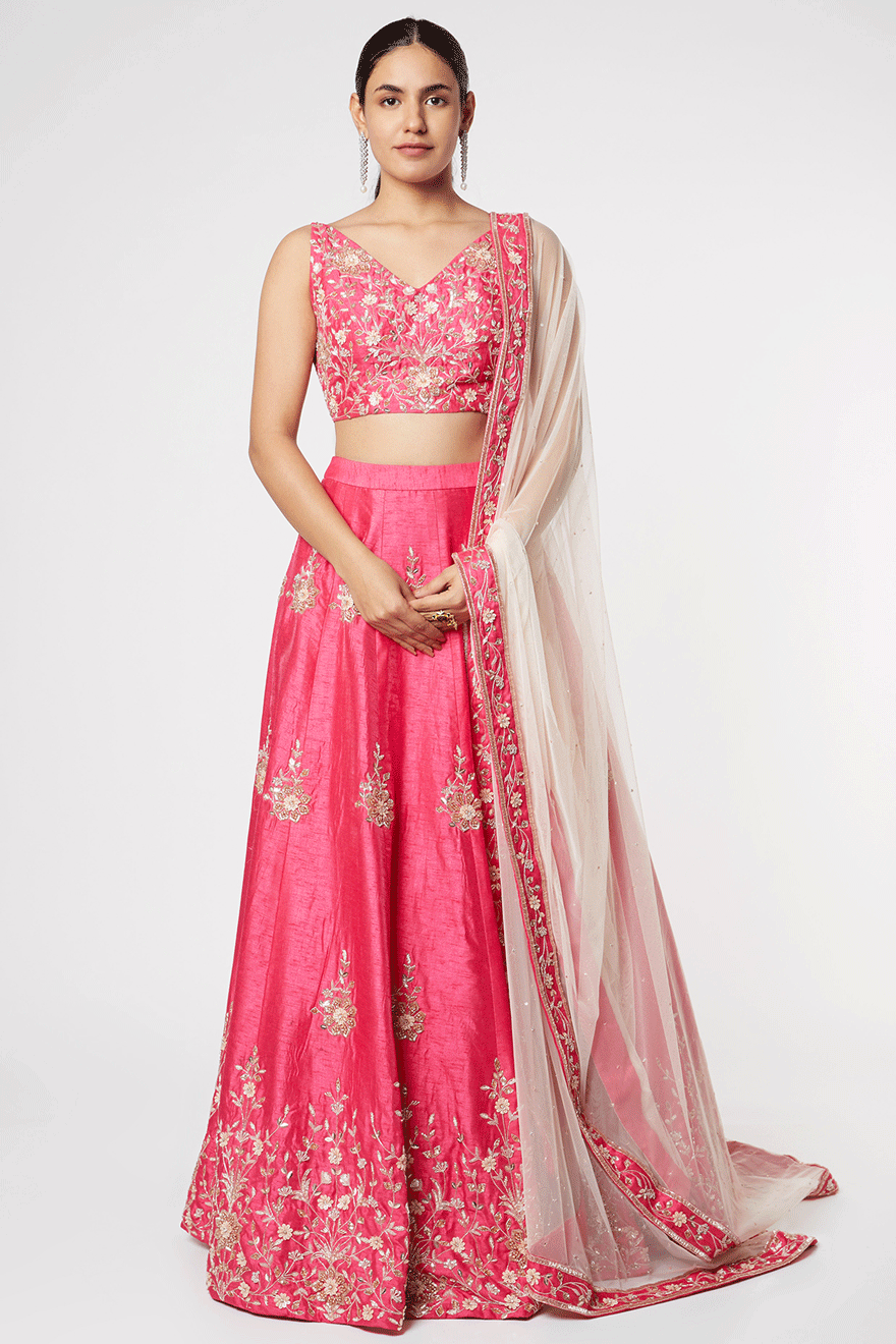 Hot Pink Embroidered Lehenga With Dupatta
