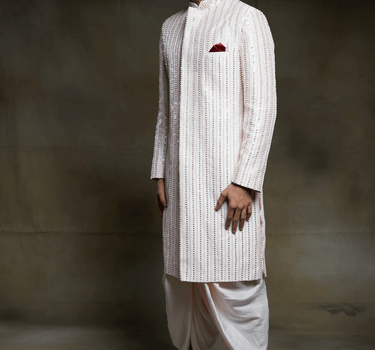 Cream Embroidered Sherwani With Dhoti