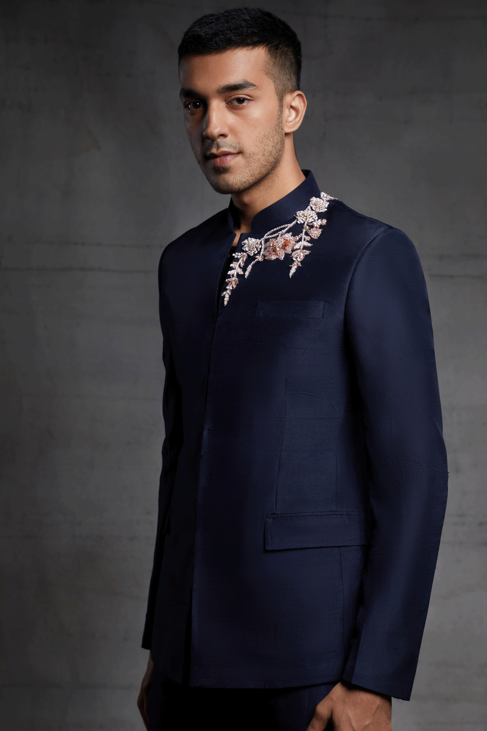 Blue Embroidered Bandhgala