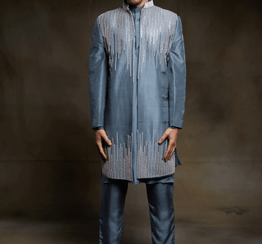 Grey Embroidered Kurta With Jacket Set