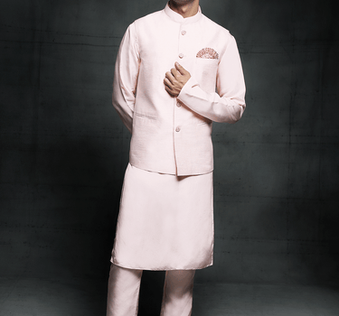 Baby Pink Kurta With Embroidered Bundi