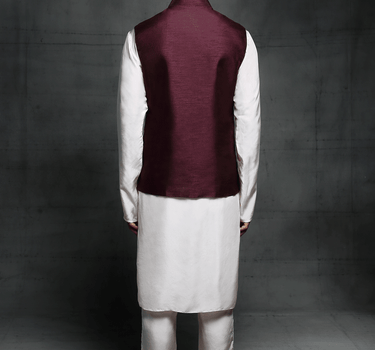 Baby Pink Kurta With Wine Bundi With Buttons