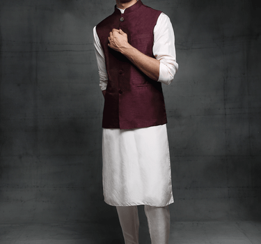 Baby Pink Kurta With Wine Bundi With Buttons