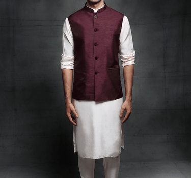 Baby Pink Kurta With Wine Bundi With Buttons