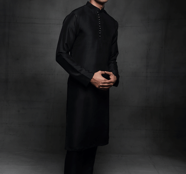 Black Silk Kurta With Buttons